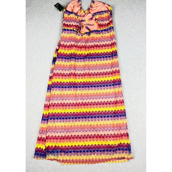 Wild Fable Maxi Dress Womens XL Colorful Crochet Bodycon Gown Tie Neck Boho - Picture 6 of 16